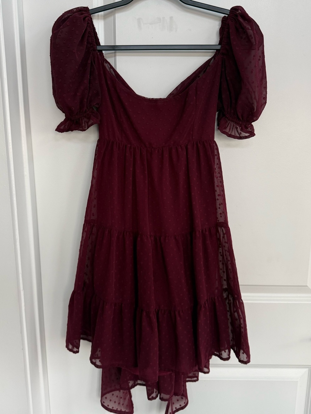 Lucy in the Sky Burgundy Puff-Sleeve High-Low Tiered Dress